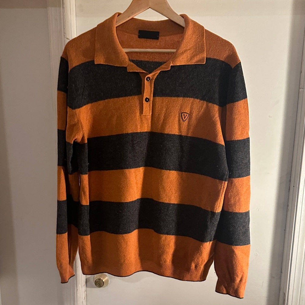 Vakko Orange and Black Striped Polo Sweater